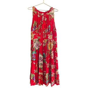 Bila Women's Red Floral Sleeveless Smocked A-Line Boho Knee Length Dress Size XL
